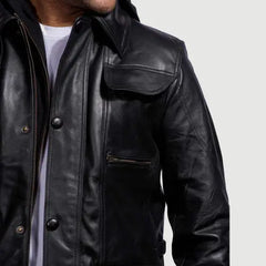 Black Moulder leather hooded men's jacket