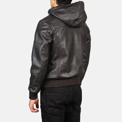 Men's Brown Nintenzo Leather Hooded Jacket