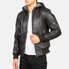Men's Brown Nintenzo Leather Hooded Jacket