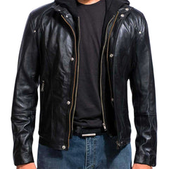 Black Hooded Leather Biker Jacket for Men