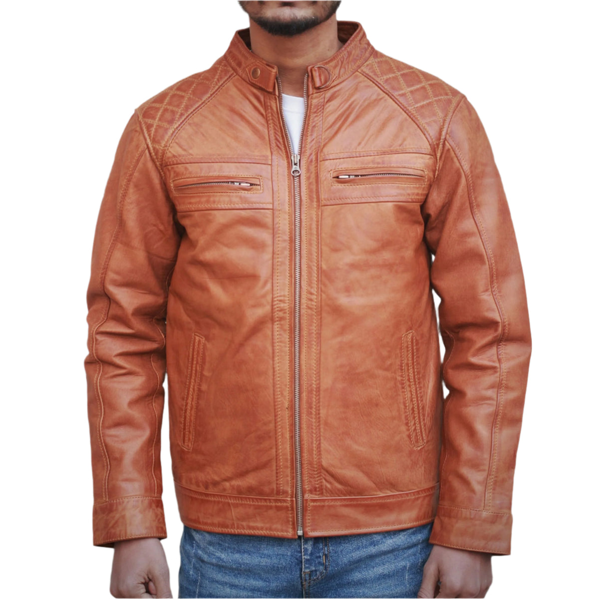 Diamond Cut Canvas Leather Biker jacket Men