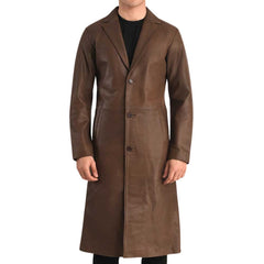 Brown Single Breasted Leather Trench Coat for Men