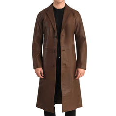 Brown Single Breasted Leather Trench Coat for Men