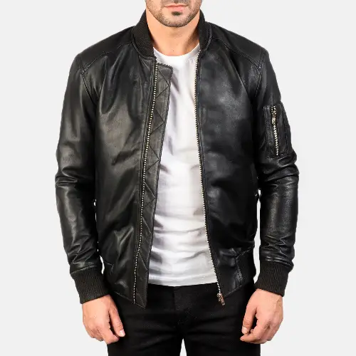 Black Bomia leather hooded mens jacket