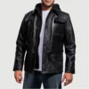 Black Moulder leather hooded mens jacket