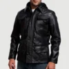 Black Moulder leather hooded mens jacket front