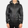 Black Nintenzo leather hooded mens jacket front