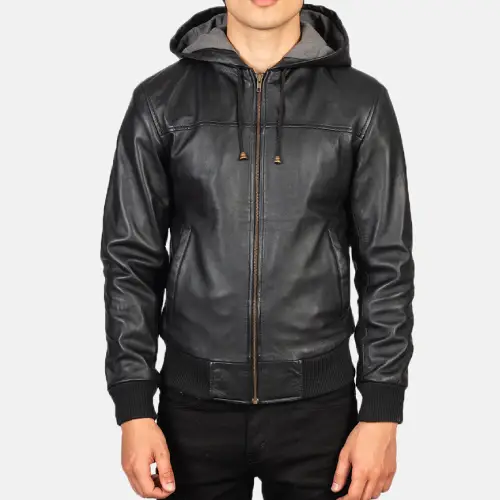 Black Nintenzo leather hooded mens jacket front