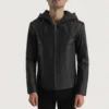 Black Spratt leather hooded mens jacket front