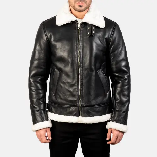 shearling fur coat mens Black & White Leather Bomber Jacket