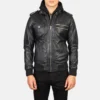 Black leather bomber Hooded jackets for men