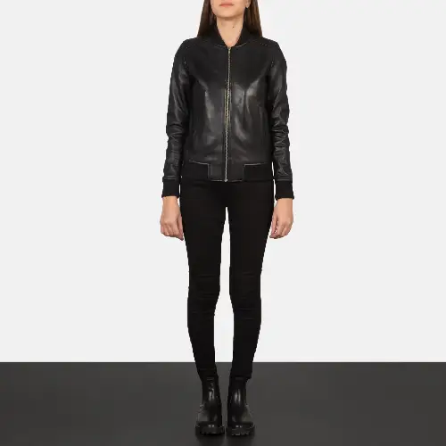 Black leather bomber jacket women