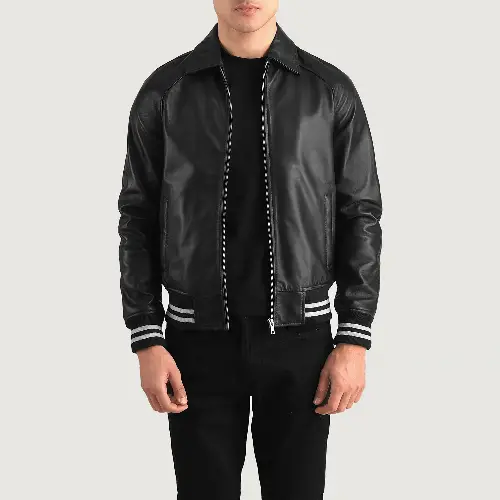 Black leather walton varsity jacket mens