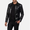 Black mystical mens real leather biker jacket-front