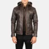 Brown Hector Vintage leather hooded mens jacket