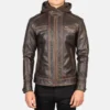 Brown Hector Vintage leather hooded mens jacket front