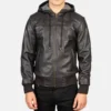 Brown Nintenzo leather hooded mens jacket front