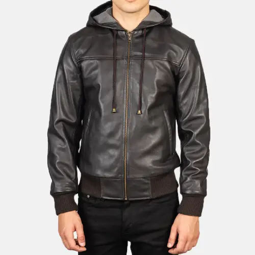 Brown Nintenzo leather hooded mens jacket front