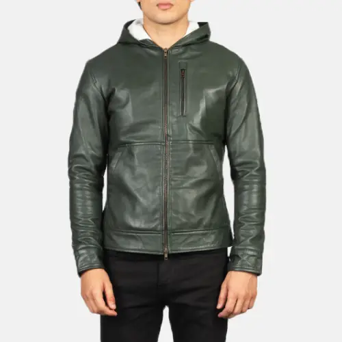 Green Baston leather hooded mens jacket front Dignity Leather