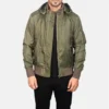 Green Hanklin leather hooded mens jacket