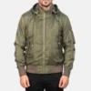 Green Hanklin leather hooded mens jacket front