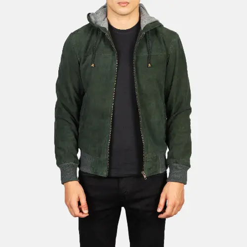 Green dignity hooded suede jacket mens