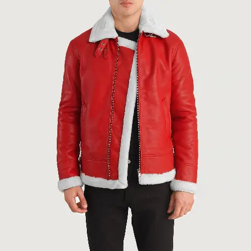 Red Francis Leather Shearling Fur Jacket Mens