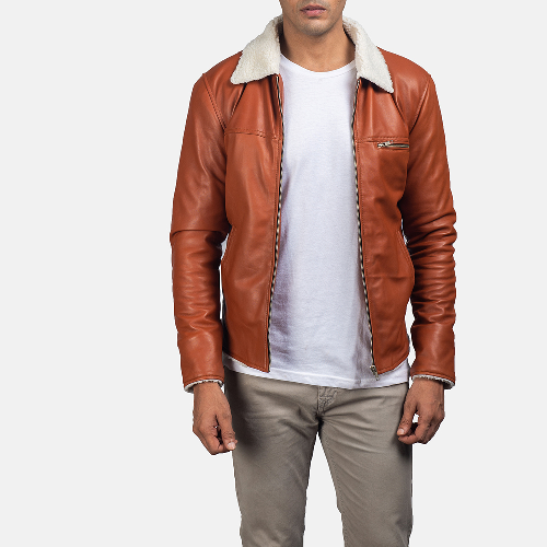 Tan Brown Dan Frost Leather shearling fur jacket mens