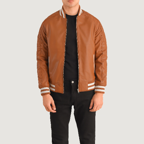 Tan Brown Pascal Leather Varsity Jacket Mens