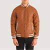 Tan Brown Pascal Leather Varsity Jacket Mens-front