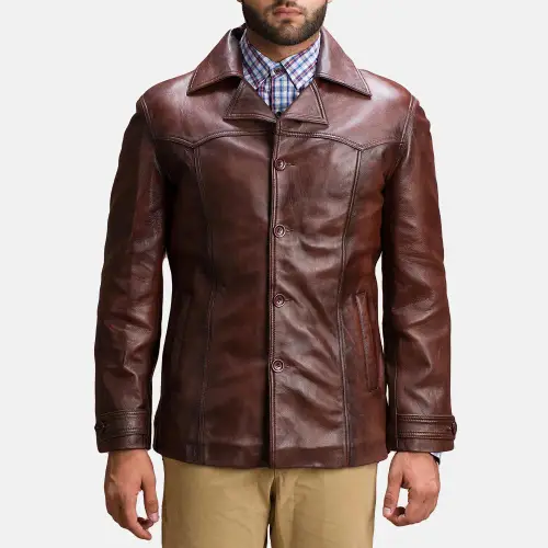 Vincent Alley Brown Leather Mens Winter trench Coats