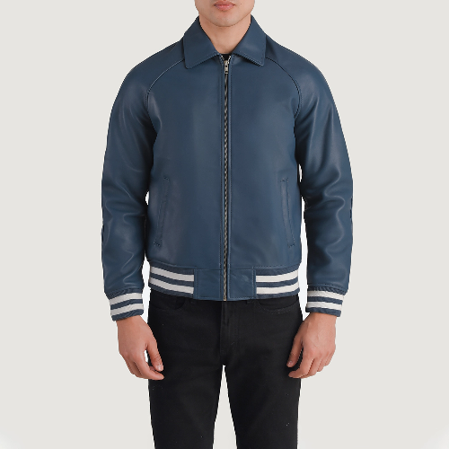 Blue Leather Walton Varsity Jacket Mens