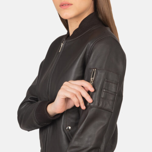 Brown Leather Women Bomber Jacket