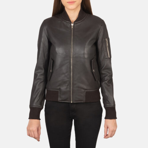 Brown Leather Women Bomber Jacket