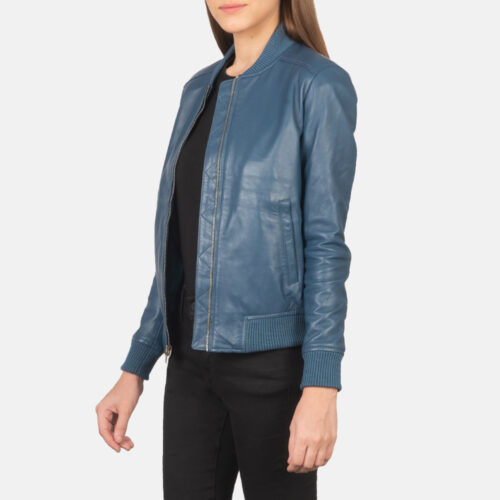 WomensBlissBlueLeatherBomberJacketSidePose 3 1659372710262 Dignity Leather