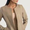 Beige Collarless Leather Jacket