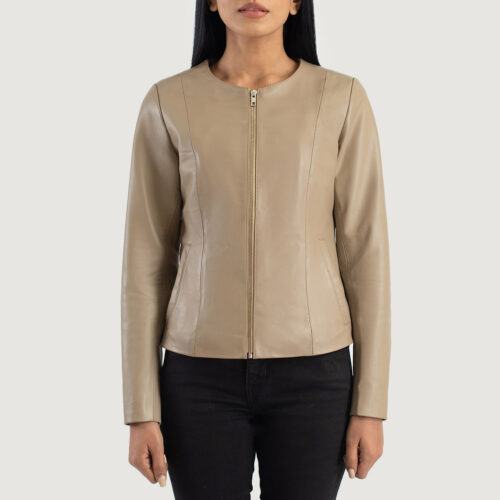 Beige Collarless Leather Jacket