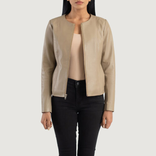 Beige Collarless Leather Jacket