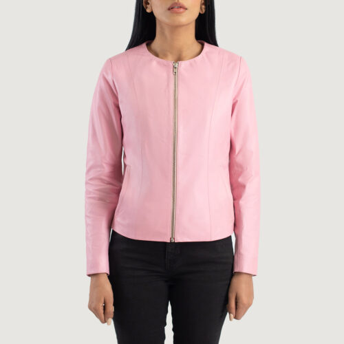 Pink Collarless Leather Jacket