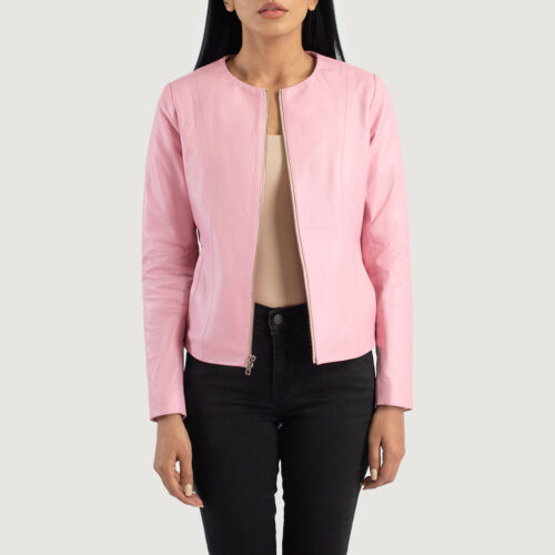 Pink Dignity Collarless Leather Jacket