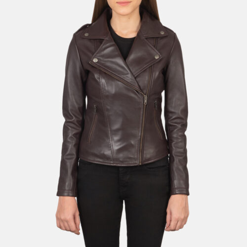 Maroon leather biker jacket for women