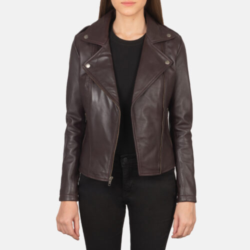 Maroon leather biker jacket for women