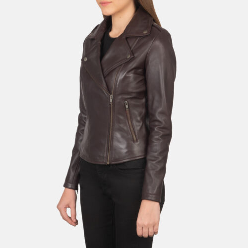 Maroon leather biker jacket for women