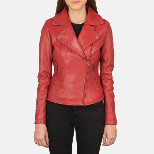 Red Leather Women Biker Jacket