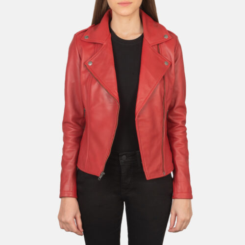 Red Leather Women Biker Jacket