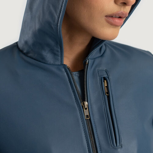 Blue Hooded Leather Bomber Jacket