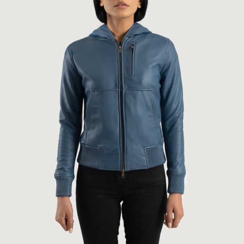 Blue Hooded Leather Bomber Jacket