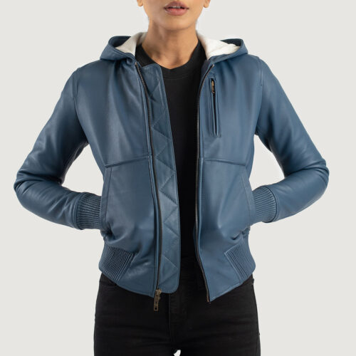 Blue Hooded Leather Bomber Jacket