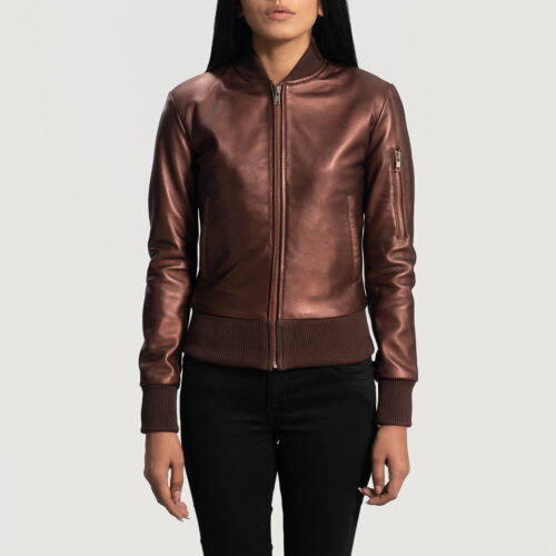 Maroon Leather Bomber Jacket for Women: