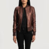 Maroon Leather Bomber Jacket for Women: